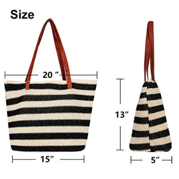 Genovega Women Beach Tote Utility Bag with Zipper, Stripe Black Cute Xl Large Woven Straw Purse Summer Handbag for Travel, Mom Female Sister Wife Girlfriend