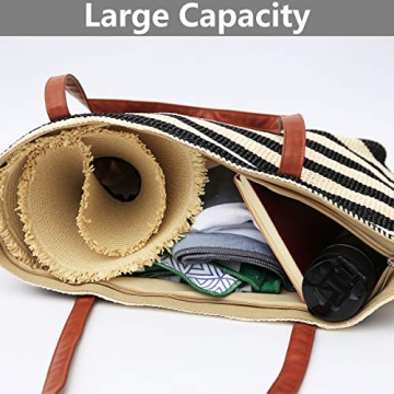 Genovega Women Beach Tote Utility Bag with Zipper, Stripe Black Cute Xl Large Woven Straw Purse Summer Handbag for Travel, Mom Female Sister Wife Girlfriend