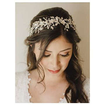 SWEETV Handmade Rhinestone Wedding Headband Flower-Leaf Bridal Headpieces for Wedding Pearl Hair Acc...