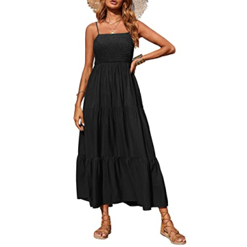 PRETTYGARDEN Women's Summer Maxi Dress 2024 Casual Boho Sleeveless Spaghetti Strap Smocked Tiered Long Beach Sun Dresses (Black,S)