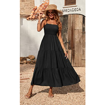 PRETTYGARDEN Women's Summer Maxi Dress 2024 Casual Boho Sleeveless Spaghetti Strap Smocked Tiered Long Beach Sun Dresses (Black,S)