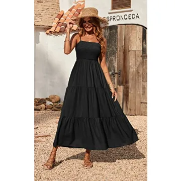 PRETTYGARDEN Women's Summer Maxi Dress 2024 Casual Boho Sleeveless Spaghetti Strap Smocked Tiered Long Beach Sun Dresses (Black,S)