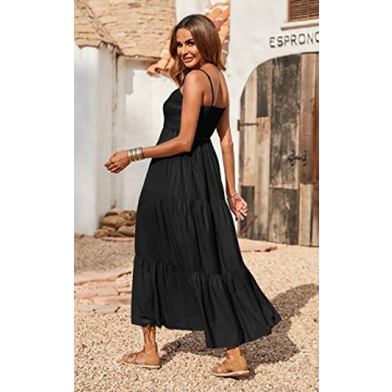 PRETTYGARDEN Women's Summer Maxi Dress 2024 Casual Boho Sleeveless Spaghetti Strap Smocked Tiered Long Beach Sun Dresses (Black,S)