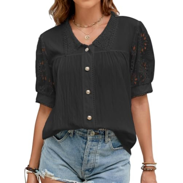 UEEYAC Women's Summer Tops Dressy Casual Button Down Shirts Hollow Out Short Sleeve V Neck Cute Ladi...