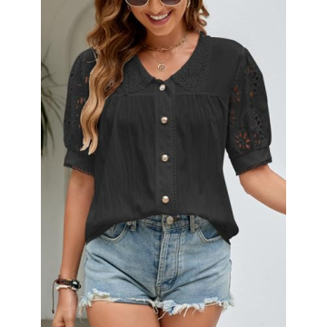 UEEYAC Women's Summer Tops Dressy Casual Button Down Shirts Hollow Out Short Sleeve V Neck Cute Ladies Tops Blouses(Black/L)