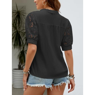 UEEYAC Women's Summer Tops Dressy Casual Button Down Shirts Hollow Out Short Sleeve V Neck Cute Ladies Tops Blouses(Black/L)