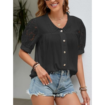 UEEYAC Women's Summer Tops Dressy Casual Button Down Shirts Hollow Out Short Sleeve V Neck Cute Ladies Tops Blouses(Black/L)