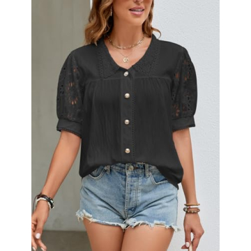 UEEYAC Women's Summer Tops Dressy Casual Button Down Shirts Hollow Out Short Sleeve V Neck Cute Ladies Tops Blouses(Black/L)
