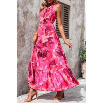 PRETTYGARDEN Women's Summer Floral Maxi Dress Knot One Shoulder Sleeveless Ruffle Flowy Boho Beach Wedding Guest Dresses (Rose Red Big Floral,Medium)