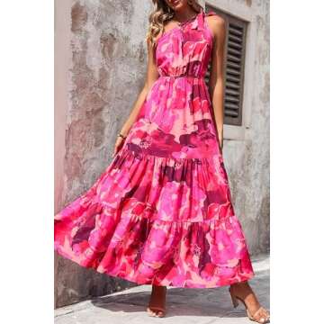 PRETTYGARDEN Women's Summer Floral Maxi Dress Knot One Shoulder Sleeveless Ruffle Flowy Boho Beach Wedding Guest Dresses (Rose Red Big Floral,Medium)