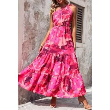 PRETTYGARDEN Women's Summer Floral Maxi Dress Knot One Shoulder Sleeveless Ruffle Flowy Boho Beach Wedding Guest Dresses (Rose Red Big Floral,Medium)