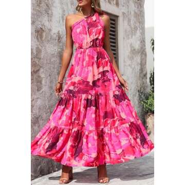 PRETTYGARDEN Women's Summer Floral Maxi Dress Knot One Shoulder Sleeveless Ruffle Flowy Boho Beach Wedding Guest Dresses (Rose Red Big Floral,Medium)