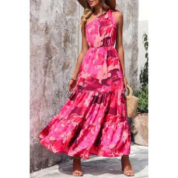 PRETTYGARDEN Women's Summer Floral Maxi Dress Knot One Shoulder Sleeveless Ruffle Flowy Boho Beach Wedding Guest Dresses (Rose Red Big Floral,Medium)