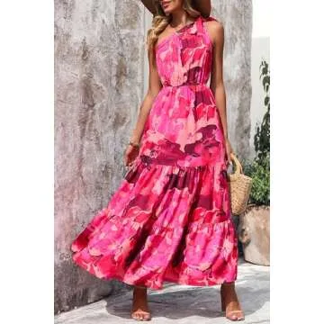 PRETTYGARDEN Women's Summer Floral Maxi Dress Knot One Shoulder Sleeveless Ruffle Flowy Boho Beach Wedding Guest Dresses (Rose Red Big Floral,Medium)