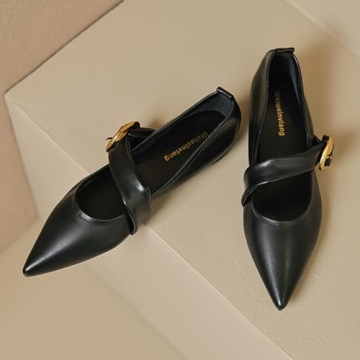 Zeberfi Women's Leather Mary Jane Flat Shoes with Adjust Metal Buckle Fashion Closed Pointed Toe Shallow Mouth Slip On Comfortable Luxury Business Wedding Dress Shoes (Black,10)