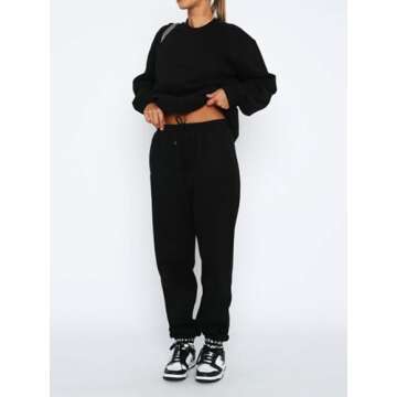 Alunzoem Jogging Suits for Women Two Piece Tracksuit Outfits Long Sleeve Pullover Sweatshirt Jogger Pants Set Activewear Black M