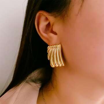 Gold Statement Earrings for Women Trendy Chunky Gold Square Earrings Textured Stud Earrings for Wome...
