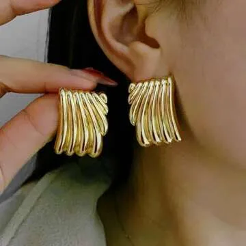 Gold Statement Earrings for Women Trendy Chunky Gold Square Earrings Textured Stud Earrings for Women Lightweight Big Shell Wings Drop Earrings for Her (square-gold)