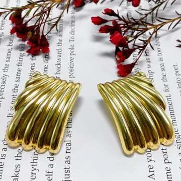 Gold Statement Earrings for Women Trendy Chunky Gold Square Earrings Textured Stud Earrings for Women Lightweight Big Shell Wings Drop Earrings for Her (square-gold)