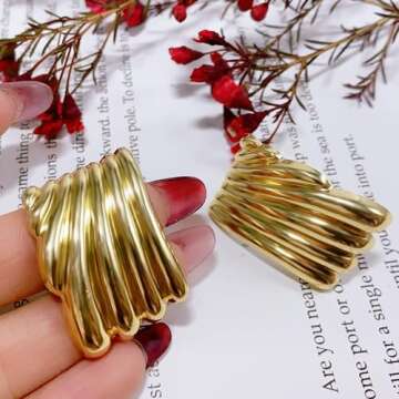 Gold Statement Earrings for Women Trendy Chunky Gold Square Earrings Textured Stud Earrings for Women Lightweight Big Shell Wings Drop Earrings for Her (square-gold)