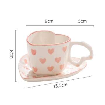 WAIT FLY Heart Shaped Ceramic Coffee Mug Set with Saucer, Tea Cup, Breakfast Cup, Dessert Plate-Pink-8 OZ