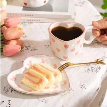 WAIT FLY Heart Shaped Ceramic Coffee Mug Set with Saucer, Tea Cup, Breakfast Cup, Dessert Plate-Pink-8 OZ