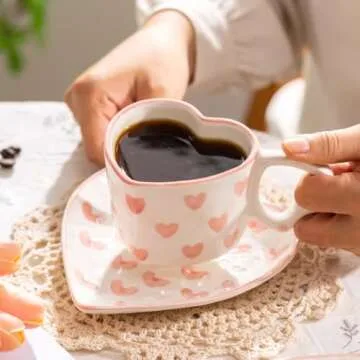WAIT FLY Heart Shaped Ceramic Coffee Mug Set with Saucer, Tea Cup, Breakfast Cup, Dessert Plate-Pink-8 OZ