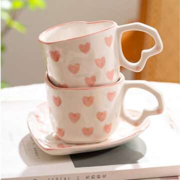 WAIT FLY Heart Shaped Ceramic Coffee Mug Set with Saucer, Tea Cup, Breakfast Cup, Dessert Plate-Pink-8 OZ