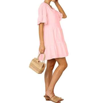 FANCYINN Women Cute Pink Shift Tunic Dress Bell Sleeve V Neck Swing Pink Ruffle Babydoll Dress Summe...