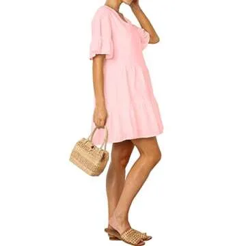 FANCYINN Women Cute Pink Shift Tunic Dress Bell Sleeve V Neck Swing Pink Ruffle Babydoll Dress Summe...