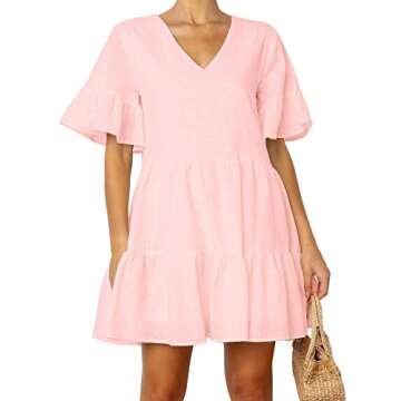 FANCYINN Women Cute Pink Shift Tunic Dress Bell Sleeve V Neck Swing Pink Ruffle Babydoll Dress Summer Vacation L