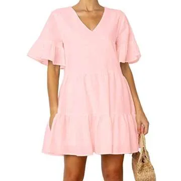 FANCYINN Women Cute Pink Shift Tunic Dress Bell Sleeve V Neck Swing Pink Ruffle Babydoll Dress Summer Vacation L