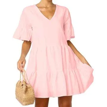 FANCYINN Women Cute Pink Shift Tunic Dress Bell Sleeve V Neck Swing Pink Ruffle Babydoll Dress Summer Vacation L