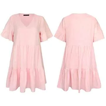 FANCYINN Women Cute Pink Shift Tunic Dress Bell Sleeve V Neck Swing Pink Ruffle Babydoll Dress Summer Vacation L