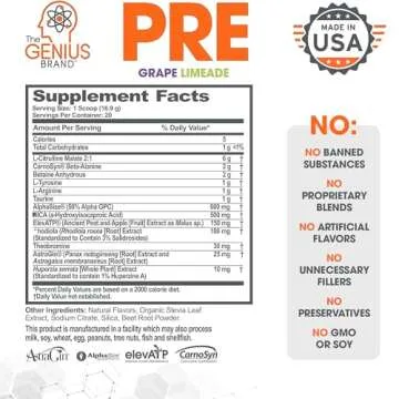 Genius Pre Workout Powder, Grape Limeade - All-Natural Nootropic Pre-workout & Caffeine-Free Nitric Oxide Booster Supplement with Beta Alanine & Alpha GPC - No Artificial Flavors, Sweeteners, or Dyes