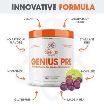 Genius Pre Workout Powder, Grape Limeade - All-Natural Nootropic Pre-workout & Caffeine-Free Nitric Oxide Booster Supplement with Beta Alanine & Alpha GPC - No Artificial Flavors, Sweeteners, or Dyes