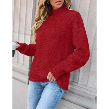 ZESICA Women's Turtleneck Chunky Sweater in Red