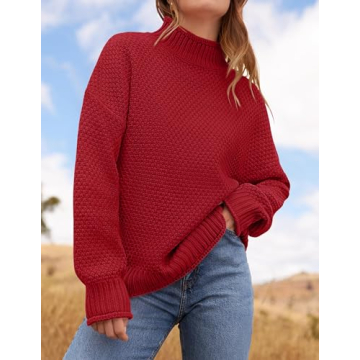 ZESICA Women's Turtleneck Chunky Sweater in Red