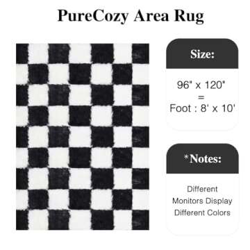 PureCozy Checkered Rug 8x10 for Living Room, Black and White Modern Shag Rug Washable Non-Slip Large...