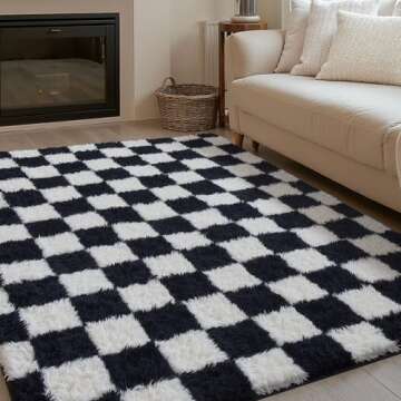 PureCozy Checkered Rug 8x10 for Living Room, Black and White Modern Shag Rug Washable Non-Slip Large Area Rug Super Soft Indoor Fuzzy Carpet Fluffy Rugs for Bedroom Home Aesthetic Decor