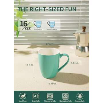 Sweese Porcelain Coffee Mugs - 16 Ounce - Set of 6, Cups for Latte, Hot Tea, Cappuccino, Mocha, Cocoa, Multicolor, Blue Assorted Colors