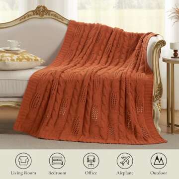 Amélie Home Chunky Knit Chenille Throw Blanket, Breathable Cable Knitted Blanket for Couch, Farmhouse Decorative Throw for Sofa Chair Bed,Burnt Orange,50 x 60 inch