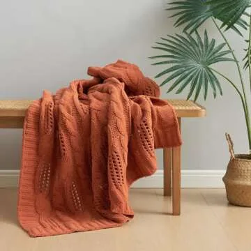 Amélie Home Chunky Knit Chenille Throw Blanket, Breathable Cable Knitted Blanket for Couch, Farmhouse Decorative Throw for Sofa Chair Bed,Burnt Orange,50 x 60 inch
