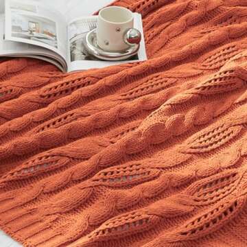 Amélie Home Chunky Knit Chenille Throw Blanket, Breathable Cable Knitted Blanket for Couch, Farmhouse Decorative Throw for Sofa Chair Bed,Burnt Orange,50 x 60 inch