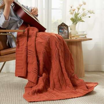 Amélie Home Chunky Knit Chenille Throw Blanket, Breathable Cable Knitted Blanket for Couch, Farmhouse Decorative Throw for Sofa Chair Bed,Burnt Orange,50 x 60 inch