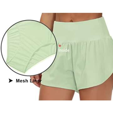 THE GYM PEOPLE Womens High Waisted Running Shorts Quick Dry Athletic Workout Shorts with Mesh Liner Zipper Pockets(Pale Green, Medium)