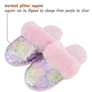 Girls Fluffy Slippers,Sequin Faux Fur Fuzzy Slip-on House Slippers with Memory Foam House Shoes for ...