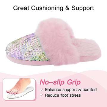 Girls Fluffy Slippers,Sequin Faux Fur Fuzzy Slip-on House Slippers with Memory Foam House Shoes for Girls Bedroom Slippers