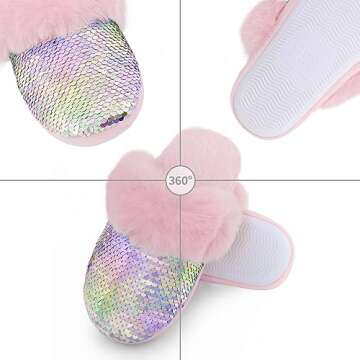 Girls Fluffy Slippers,Sequin Faux Fur Fuzzy Slip-on House Slippers with Memory Foam House Shoes for Girls Bedroom Slippers