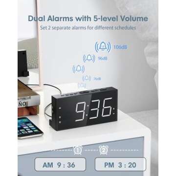 Loud Alarm Clock with Bed Shaker for Heavy Sleeper, Dual Vibrating Alarm Clock with USB Charger for Hearing-impaired Deaf, 7.5’’ Large LED Display with Dimmer, Snooze, 12/24H & Battery Backup
